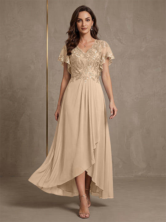 Robe mère de la mariée ligne A, mousseline col V, asymétrique, dentelle, sequins, manches courtes, longueur cheville