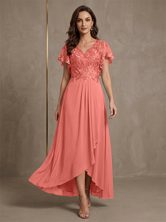 Robe mère de la mariée ligne A, mousseline col V, asymétrique, dentelle, sequins, manches courtes, longueur cheville