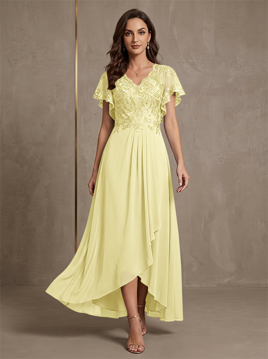 Robe mère de la mariée ligne A, mousseline col V, asymétrique, dentelle, sequins, manches courtes, longueur cheville