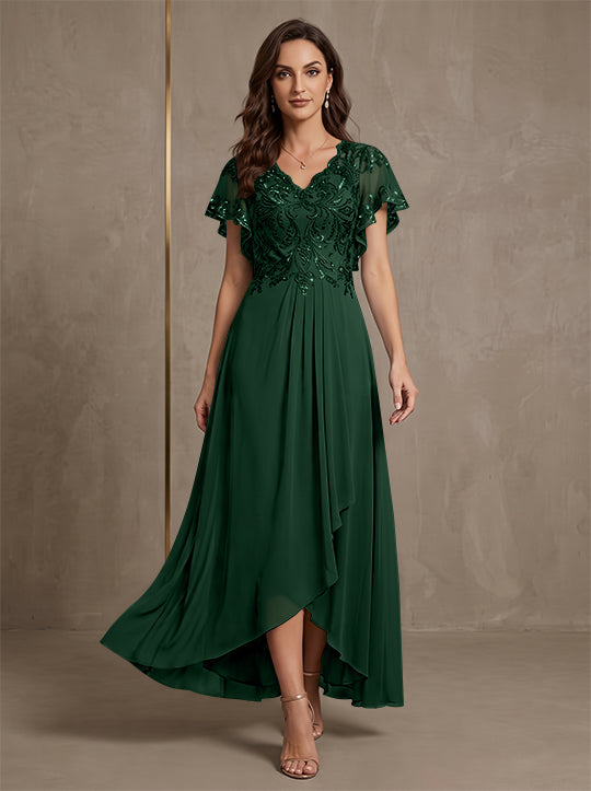 Robe mère de la mariée ligne A, mousseline col V, asymétrique, dentelle, sequins, manches courtes, longueur cheville