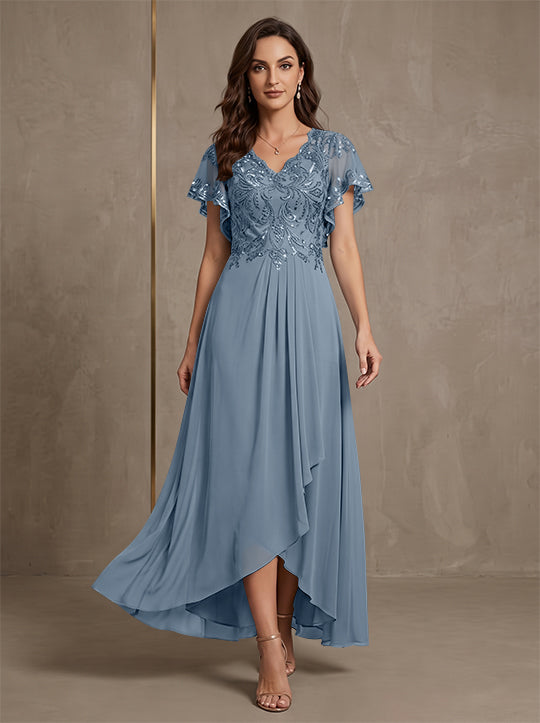 Robe mère de la mariée ligne A, mousseline col V, asymétrique, dentelle, sequins, manches courtes, longueur cheville