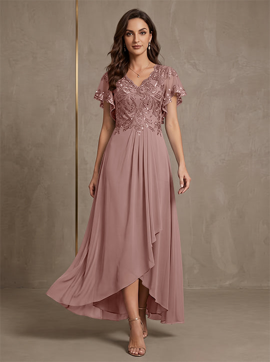 Robe mère de la mariée ligne A, mousseline col V, asymétrique, dentelle, sequins, manches courtes, longueur cheville