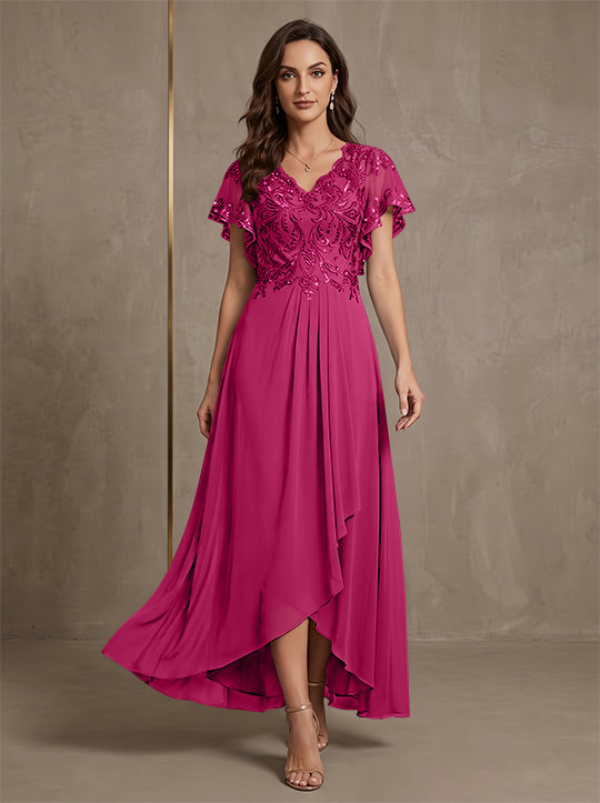 Robe mère de la mariée ligne A, mousseline col V, asymétrique, dentelle, sequins, manches courtes, longueur cheville