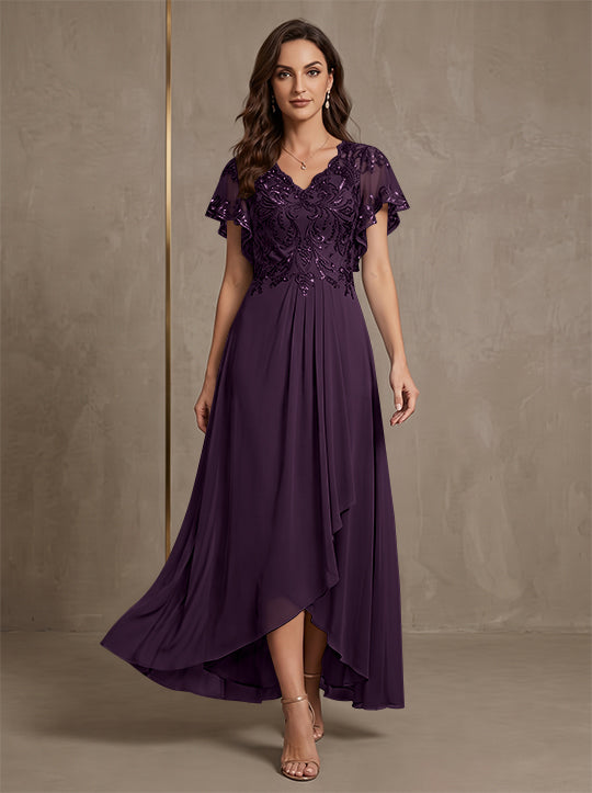 Robe mère de la mariée ligne A, mousseline col V, asymétrique, dentelle, sequins, manches courtes, longueur cheville