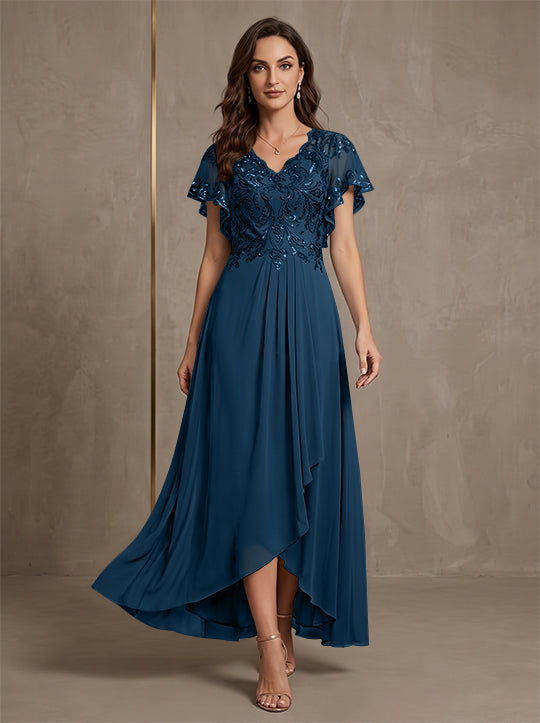 Robe mère de la mariée ligne A, mousseline col V, asymétrique, dentelle, sequins, manches courtes, longueur cheville