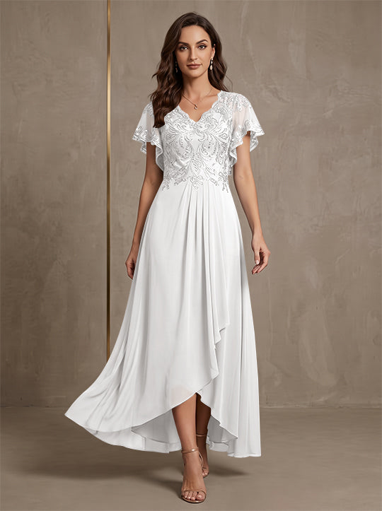 Robe mère de la mariée ligne A, mousseline col V, asymétrique, dentelle, sequins, manches courtes, longueur cheville