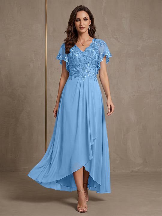 Robe mère de la mariée ligne A, mousseline col V, asymétrique, dentelle, sequins, manches courtes, longueur cheville
