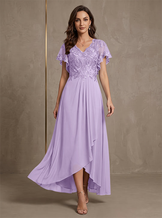 Robe mère de la mariée ligne A, mousseline col V, asymétrique, dentelle, sequins, manches courtes, longueur cheville