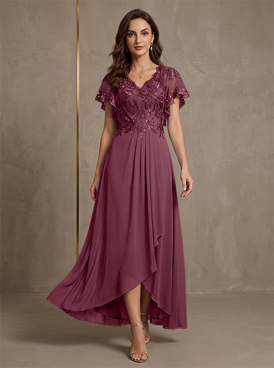 Robe mère de la mariée ligne A, mousseline col V, asymétrique, dentelle, sequins, manches courtes, longueur cheville