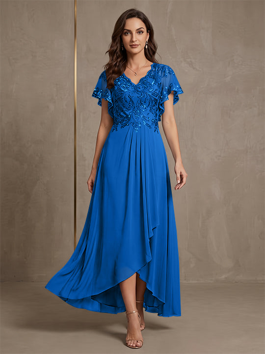 Robe mère de la mariée ligne A, mousseline col V, asymétrique, dentelle, sequins, manches courtes, longueur cheville