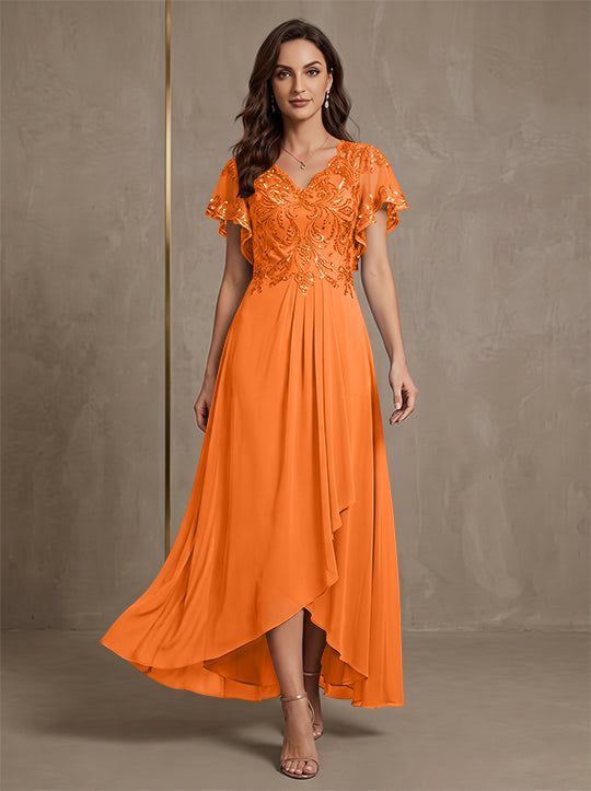 Robe mère de la mariée ligne A, mousseline col V, asymétrique, dentelle, sequins, manches courtes, longueur cheville