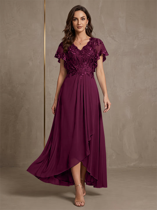 Robe mère de la mariée ligne A, mousseline col V, asymétrique, dentelle, sequins, manches courtes, longueur cheville