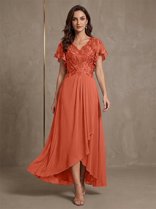Robe mère de la mariée ligne A, mousseline col V, asymétrique, dentelle, sequins, manches courtes, longueur cheville