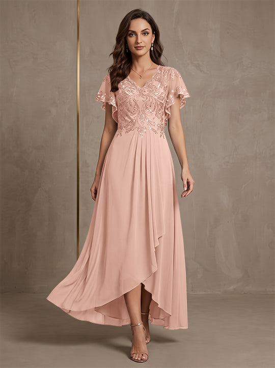 Robe mère de la mariée ligne A, mousseline col V, asymétrique, dentelle, sequins, manches courtes, longueur cheville