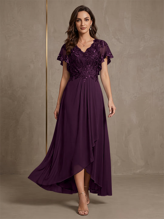 Robe mère de la mariée ligne A, mousseline col V, asymétrique, dentelle, sequins, manches courtes, longueur cheville