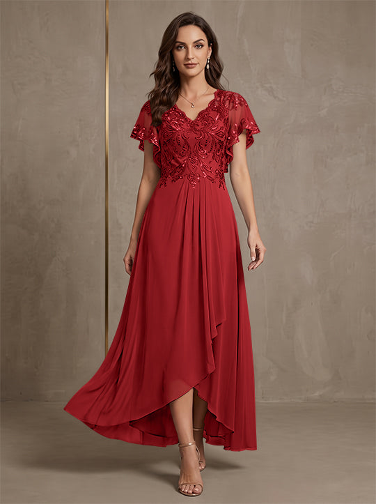 Robe mère de la mariée ligne A, mousseline col V, asymétrique, dentelle, sequins, manches courtes, longueur cheville