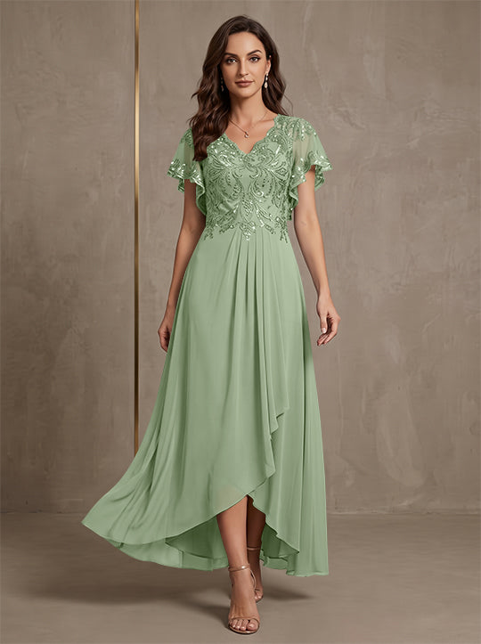Robe mère de la mariée ligne A, mousseline col V, asymétrique, dentelle, sequins, manches courtes, longueur cheville