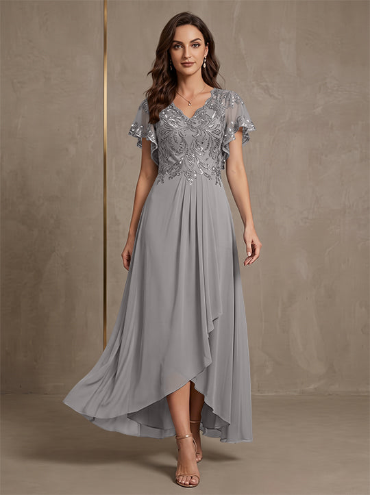 Robe mère de la mariée ligne A, mousseline col V, asymétrique, dentelle, sequins, manches courtes, longueur cheville