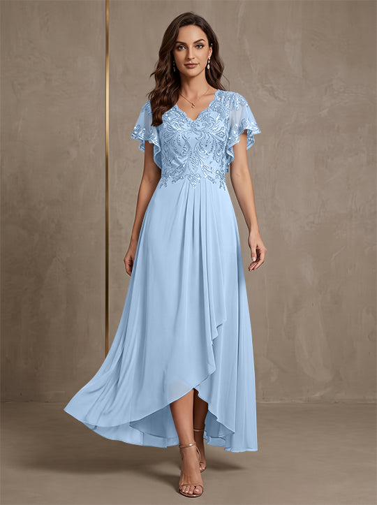 Robe mère de la mariée ligne A, mousseline col V, asymétrique, dentelle, sequins, manches courtes, longueur cheville