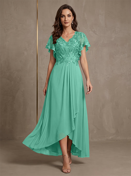 Robe mère de la mariée ligne A, mousseline col V, asymétrique, dentelle, sequins, manches courtes, longueur cheville