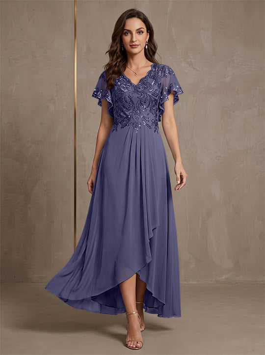 Robe mère de la mariée ligne A, mousseline col V, asymétrique, dentelle, sequins, manches courtes, longueur cheville