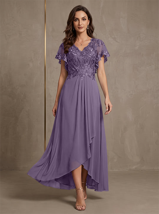 Robe mère de la mariée ligne A, mousseline col V, asymétrique, dentelle, sequins, manches courtes, longueur cheville