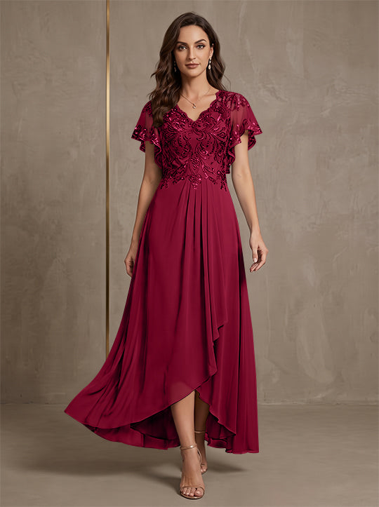 Robe mère de la mariée ligne A, mousseline col V, asymétrique, dentelle, sequins, manches courtes, longueur cheville
