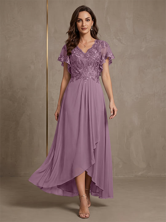 Robe mère de la mariée ligne A, mousseline col V, asymétrique, dentelle, sequins, manches courtes, longueur cheville
