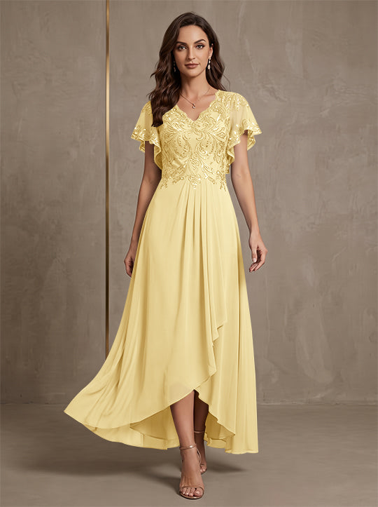 Robe mère de la mariée ligne A, mousseline col V, asymétrique, dentelle, sequins, manches courtes, longueur cheville