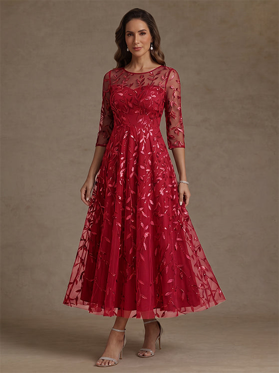 Robe mère de la mariée ligne A col rond, dentelle sequins, manches 3/4, floral, longueur midi