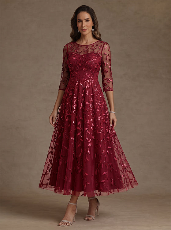 Robe mère de la mariée ligne A col rond, dentelle sequins, manches 3/4, floral, longueur midi