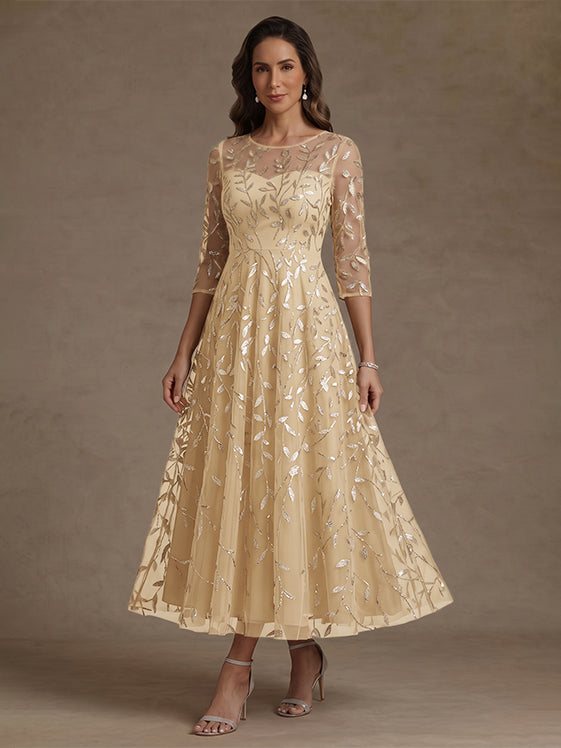 Robe mère de la mariée ligne A col rond, dentelle sequins, manches 3/4, floral, longueur midi