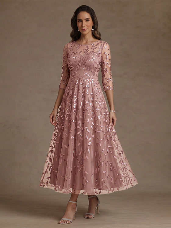 Robe mère de la mariée ligne A col rond, dentelle sequins, manches 3/4, floral, longueur midi