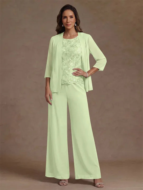 Ensemble pantalon 3 pièces mère de la mariée, mousseline col rond, veste, manches 3/4, dentelle sequins, longueur cheville