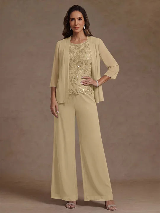 Ensemble pantalon 3 pièces mère de la mariée, mousseline col rond, veste, manches 3/4, dentelle sequins, longueur cheville