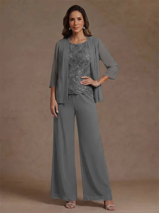 Ensemble pantalon 3 pièces mère de la mariée, mousseline col rond, veste, manches 3/4, dentelle sequins, longueur cheville