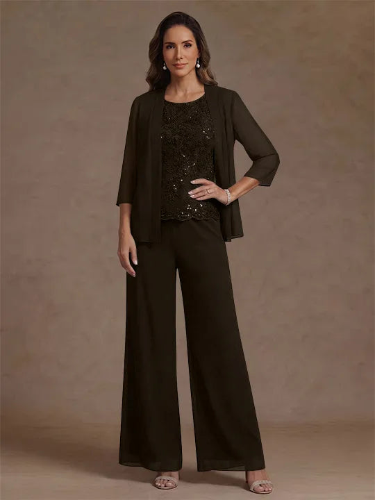 Ensemble pantalon 3 pièces mère de la mariée, mousseline col rond, veste, manches 3/4, dentelle sequins, longueur cheville