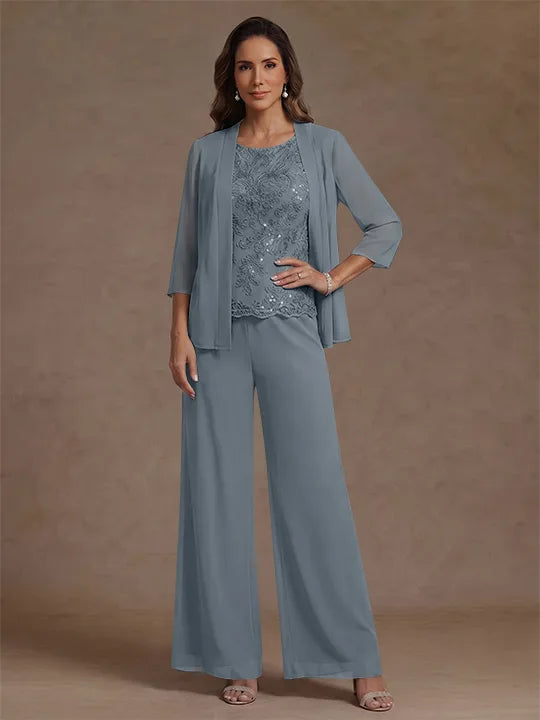 Ensemble pantalon 3 pièces mère de la mariée, mousseline col rond, veste, manches 3/4, dentelle sequins, longueur cheville