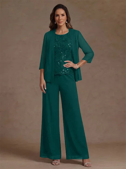 Ensemble pantalon 3 pièces mère de la mariée, mousseline col rond, veste, manches 3/4, dentelle sequins, longueur cheville