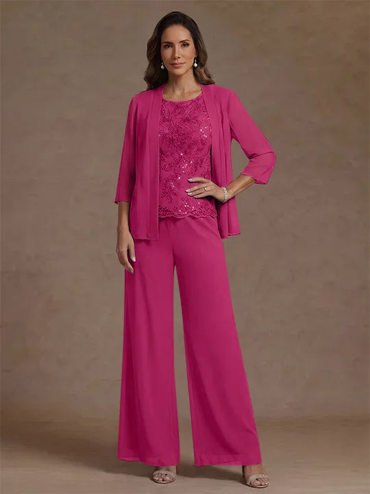 Ensemble pantalon 3 pièces mère de la mariée, mousseline col rond, veste, manches 3/4, dentelle sequins, longueur cheville