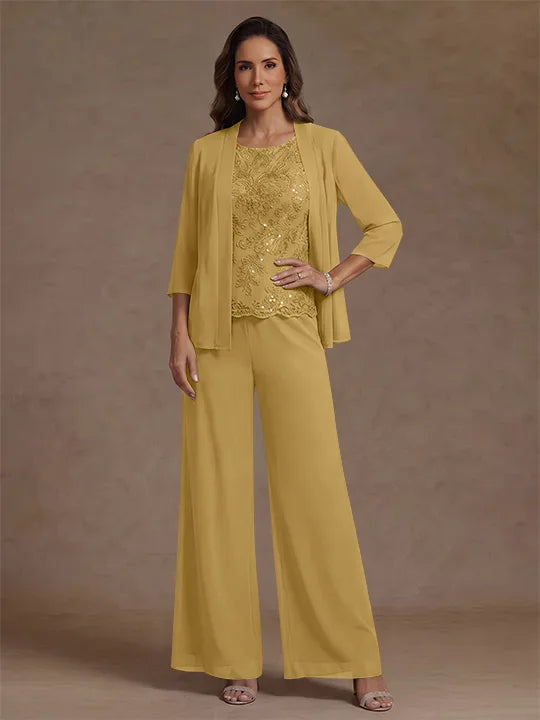 Ensemble pantalon 3 pièces mère de la mariée, mousseline col rond, veste, manches 3/4, dentelle sequins, longueur cheville