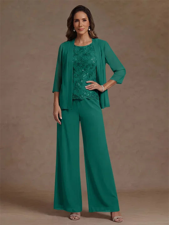 Ensemble pantalon 3 pièces mère de la mariée, mousseline col rond, veste, manches 3/4, dentelle sequins, longueur cheville