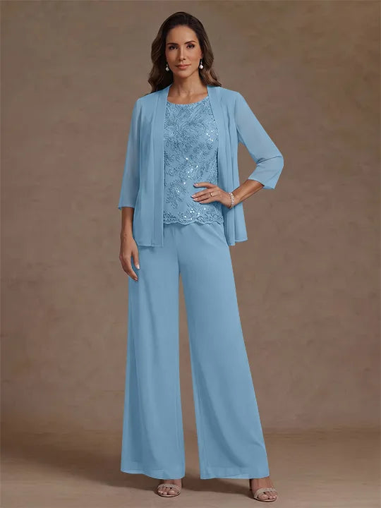 Ensemble pantalon 3 pièces mère de la mariée, mousseline col rond, veste, manches 3/4, dentelle sequins, longueur cheville