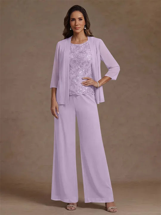 Ensemble pantalon 3 pièces mère de la mariée, mousseline col rond, veste, manches 3/4, dentelle sequins, longueur cheville