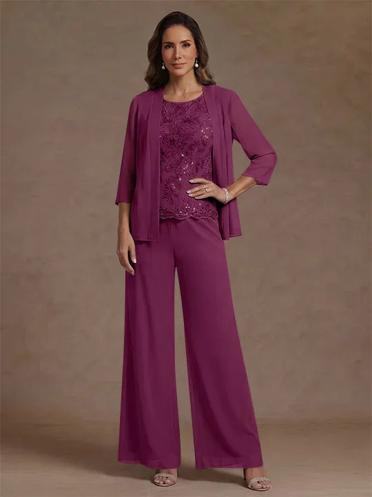Ensemble pantalon 3 pièces mère de la mariée, mousseline col rond, veste, manches 3/4, dentelle sequins, longueur cheville