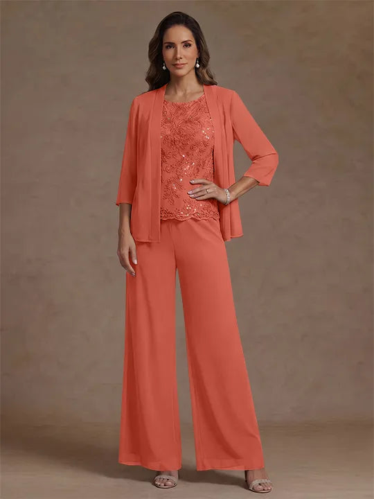 Ensemble pantalon 3 pièces mère de la mariée, mousseline col rond, veste, manches 3/4, dentelle sequins, longueur cheville