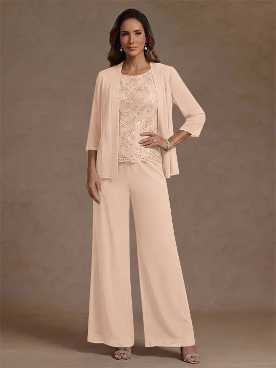 Ensemble pantalon 3 pièces mère de la mariée, mousseline col rond, veste, manches 3/4, dentelle sequins, longueur cheville