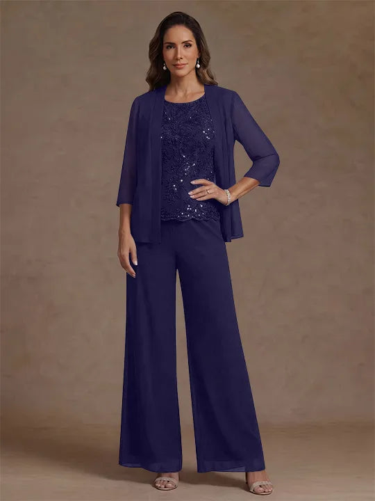 Ensemble pantalon 3 pièces mère de la mariée, mousseline col rond, veste, manches 3/4, dentelle sequins, longueur cheville