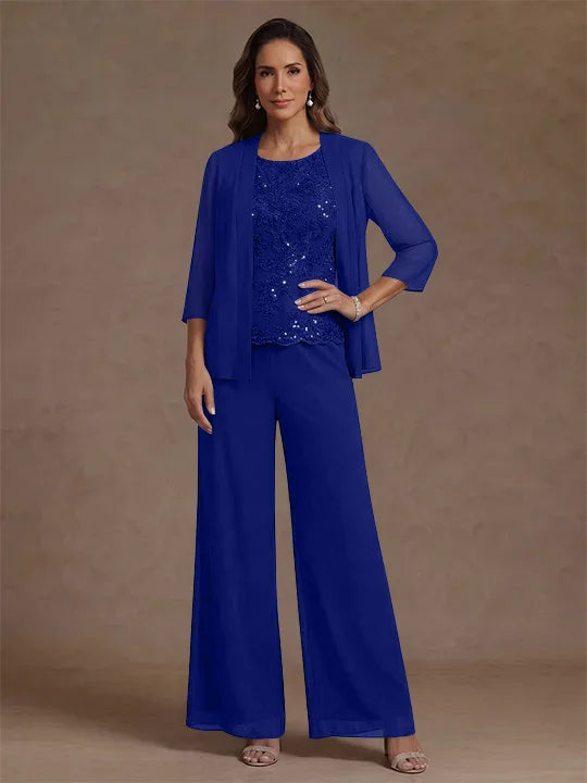 Ensemble pantalon 3 pièces mère de la mariée, mousseline col rond, veste, manches 3/4, dentelle sequins, longueur cheville