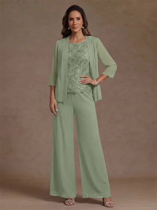 Ensemble pantalon 3 pièces mère de la mariée, mousseline col rond, veste, manches 3/4, dentelle sequins, longueur cheville